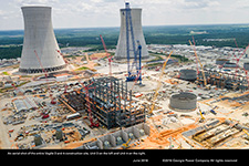 An aerial shot of the entire Vogtle 3 and 4 construction site, Unit 3 on the left and Unit 4 on the right.