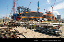 From left, construction continues on the Unit 3 turbine building, nuclear island and auxiliary building.